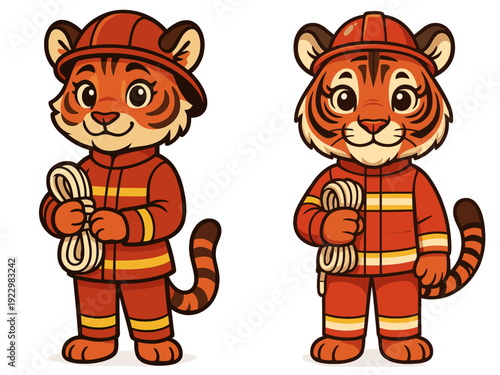Cute tiger characters dressed as firefighters holding ropes in colorful uniforms