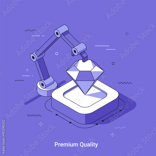 Robotic arm manipulating a diamond on a pedestal. Premium product quality control and precision manufacturing concept. Isometric vector illustration.