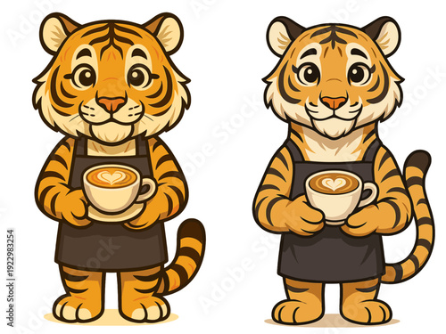 Cheerful tiger barista serving coffee in a cozy cafe setting with latte art