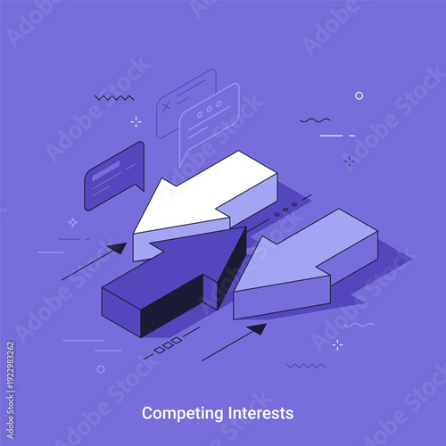 Isometric vector illustration with three isometric arrows moving in different directions, representing competing interests or divergent business strategies. Conflict solution and complex choice