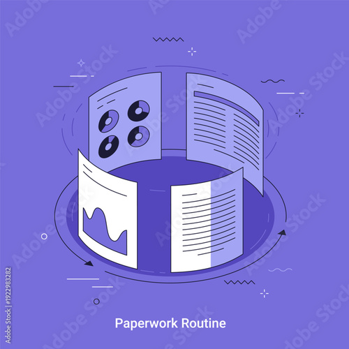 Circle of document sheet with data report, pie chart and graph. Paperwork routine concept for business analysis and management.