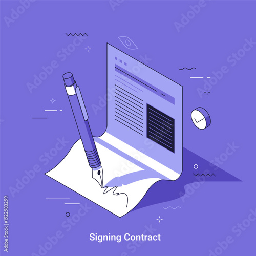 Pen signing contract document. Business agreement and legal procedure concept. Isometric linear vector illustration for online paperwork.