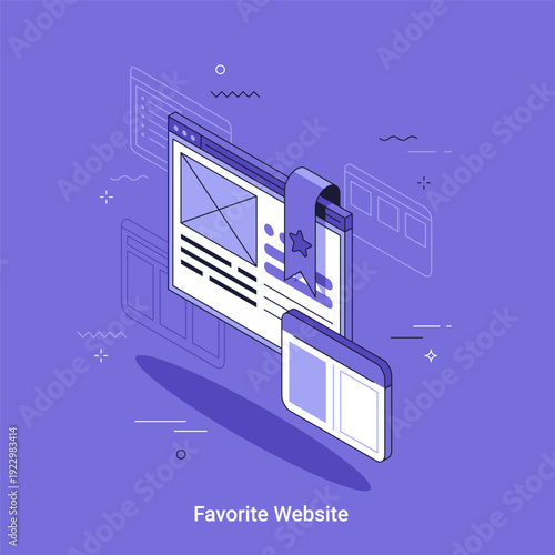 Isometrci vector illustration. Web browser window with star bookmark. Concept of favorite website, online surfing, internet data and digital content for user experience.