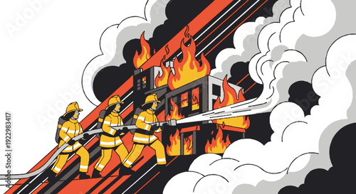 Firefighters battling flames on burning building with smoke and ladder