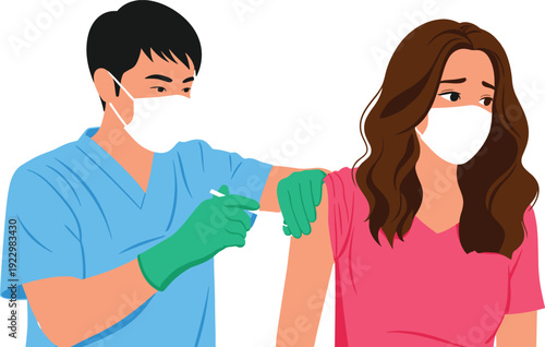 Doctor administering vaccine injection to woman wearing face mask healthcare immunization concept flat vector illustration isolated background design