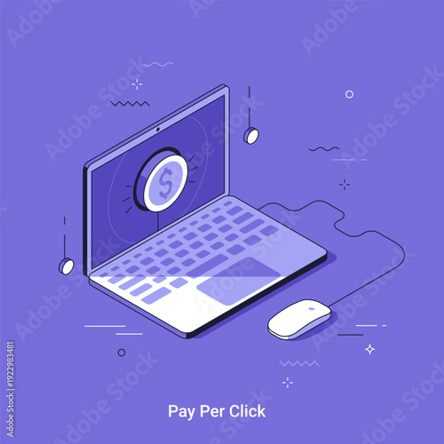 Isometric vector illustrtion with laptop and computer mouse with dollar coin on screen. Pay per click advertising concept, online income, and digital marketing.