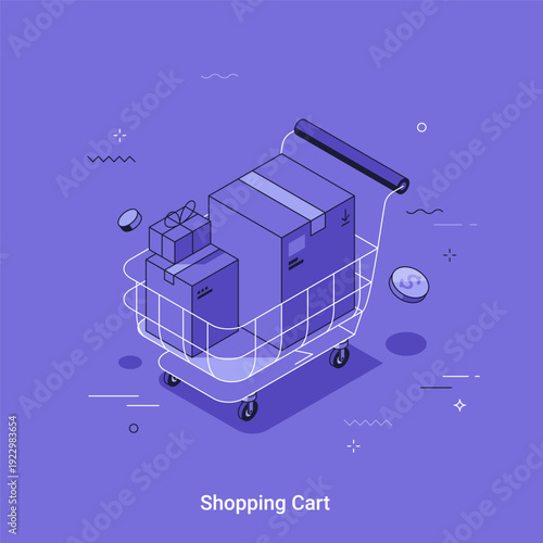 Isometric shopping cart with boxes and gifts for online retail. Thin line cartoon vector illustration of e-commerce delivery service and consumerism concept.