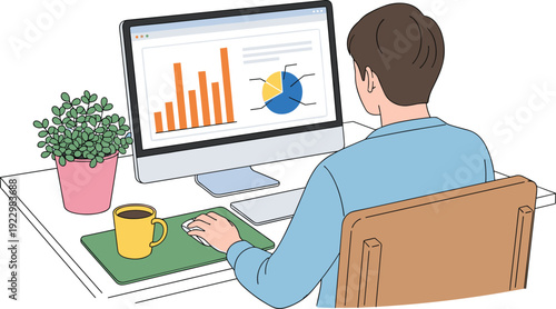 Business analyst working on computer with financial charts and graphs data analysis concept flat vector illustration modern office workspace