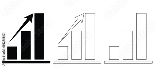 Bar chart with upward trending arrow icon set, outline and solid styles