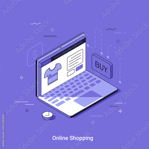Vector illustration with Digital online shopping with a laptop showing a product and buy button. Isometric concept for e-commerce, mobile commerce and online retail.