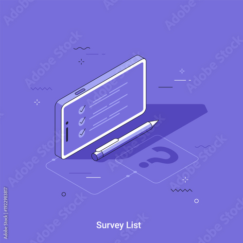 Isometric vector illustration with smartphone icon with survey on screen. Concept of online voting, business form, or client questionnaire in thin ine style