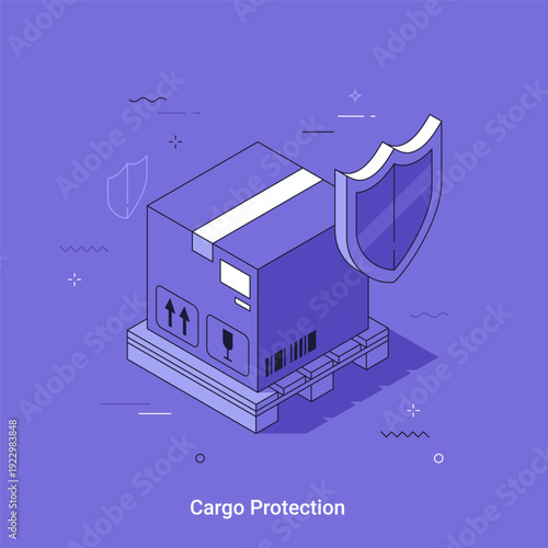 Isometric illustration of a box with shipping symbols on a pallet protected by a shield. Cargo protection and insurance concept. Vector clip art.