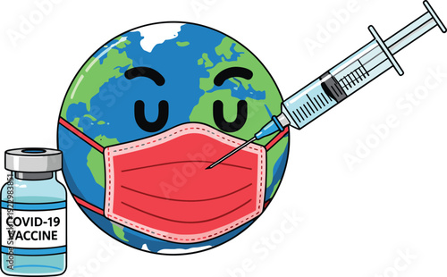World wearing face mask receiving covid 19 vaccine global vaccination campaign concept flat vector illustration isolated white background