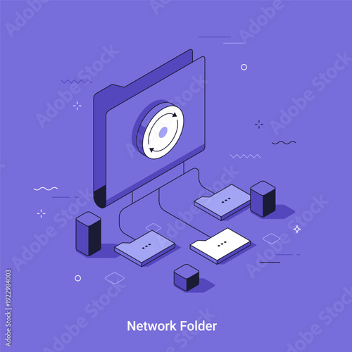 Thin line vector illustration with Network folder for data storage. Isometric concept of cloud computing and synchronized files. Digital technology for business organization.