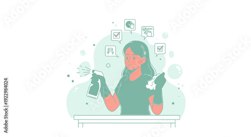 Woman Cleaning with Spray Bottle and Cloth, Hygiene Concept