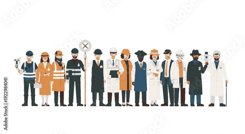 Diverse professionals standing in a row various occupations and attire vector illustration