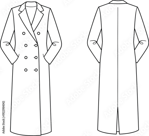 Front and back view of classic double breasted long coat technical fashion illustration vector outline template for tailoring design presentation isolated background