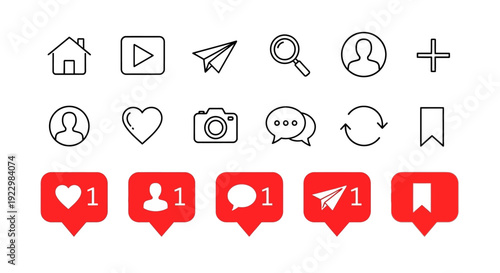 Social media icons and symbols on a digital interface screen viewed from directly above