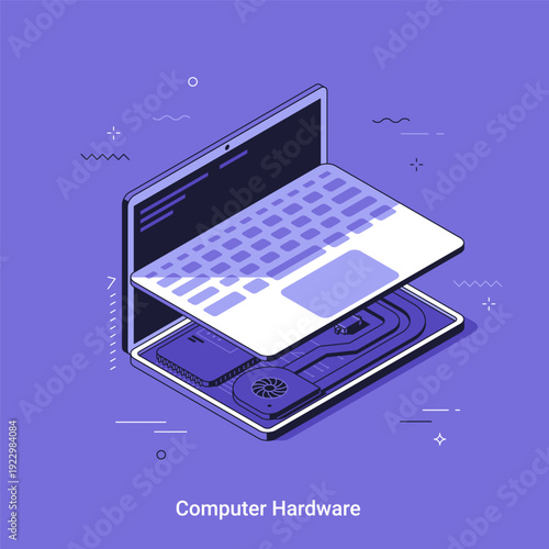 Isometric vector illustration with Open laptop with internal computer hardware visible. Technical device component, circuit board, fan for maintenance, repair concept.