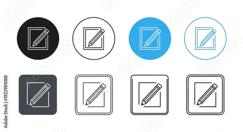 Set of pencil icons in various circular and square frames showcasing different styles and designs
