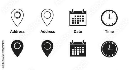 Set of location and time icons including maps, calendars, and clocks in various styles on a clean background, viewed from a straightforward perspective