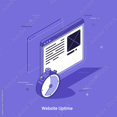 Isometric cartoon vector illustration with stopwatch next to website browser. Internet uptime monitoring and fast loading page concept for web hosting service digital presentation.