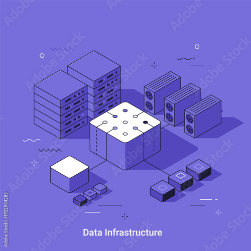 Cartoon Isometric vector illustration of data infrastructure with server racks, mining farms. Thin line concept for big data, cloud computing.