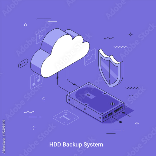 Secure HDD backup system with cloud integration and data protection. Isometric vector illustration of digital storage technology for secure file safeguarding