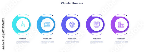 Infographic elements of circular choice template with 5 options, steps or processes. Program steps placed in horizontal row. Modern flat vector illustration for visual presentation