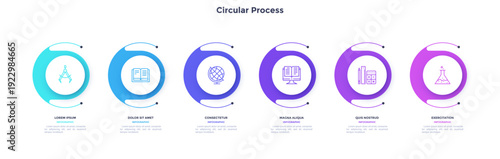Infographic elements of circular choice template with 6 options, steps or processes. Program steps placed in horizontal row. Modern flat vector illustration for visual presentation