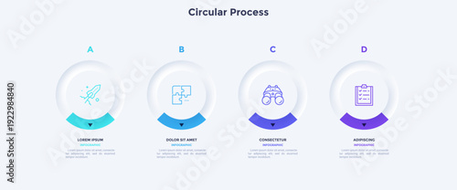 Four circular elements placed in horizontal row. Concept of 4 steps to startup project launch. Neumorphic infographic design template. Modern flat vector illustration for business presentation.