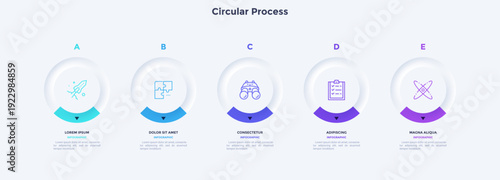 Five circular elements placed in horizontal row. Concept of 5 steps to startup project launch. Neumorphic infographic design template. Modern flat vector illustration for business presentation.