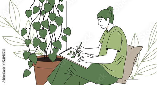 Woman Artist Sketching Plant Life Indoors, Creative Hobby, Botanical Illustration