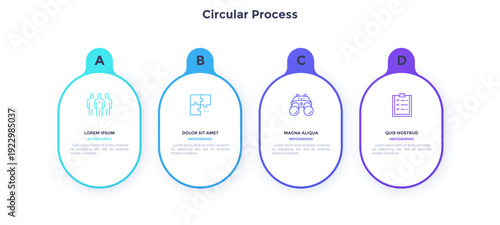 Four numbered circular frames placed in horizontal row. Concept of 4 stages of marketing strategy. Modern flat infographic design template. Simple vector illustration for business presentation.