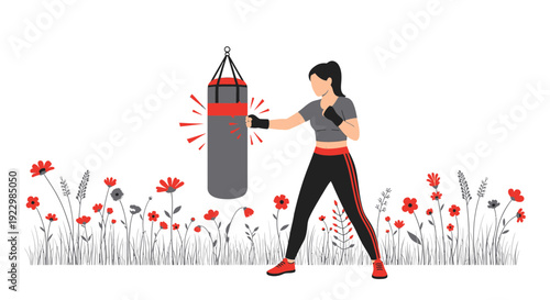 Woman Boxing Workout in Floral Meadow