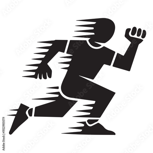 Dynamic black silhouette runner with motion lines isolated on transparent background