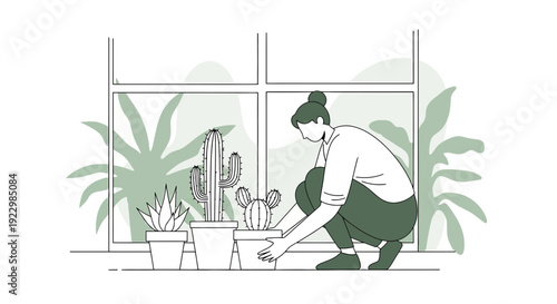 Woman Caring for Potted Cacti and Plants by Window