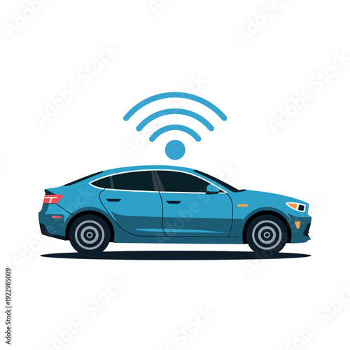 Blue sedan car displays radiating wireless signal indicating connectivity and smart technology integration.
