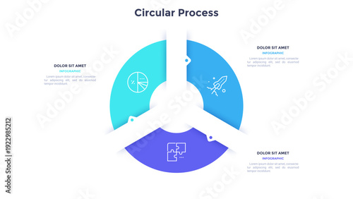 Round pie chart divided into 3 colorful parts with arrows or pointers. Three features of startup project. Minimal infographic design template. Modern vector illustration for website menu interface.