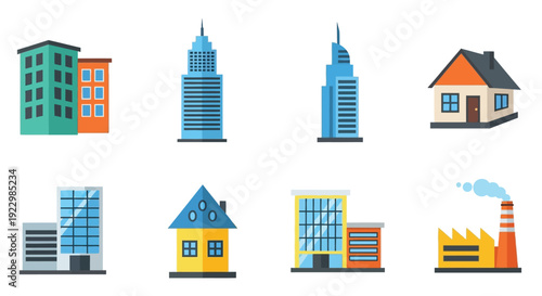 Colorful flat design icons depicting various building types and structures