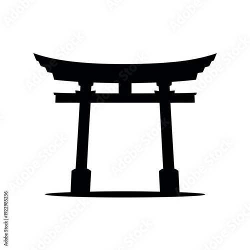 Black silhouette of a traditional Japanese Shinto Torii gate stands isolated against a white background for.