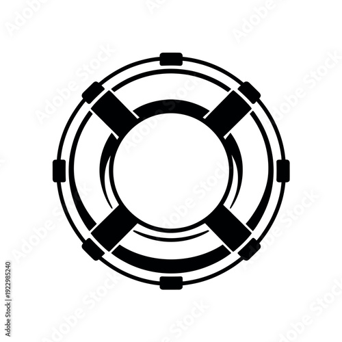 Black and white graphic representation of a circular life preserver or safety flotation device viewed.