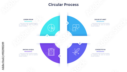 Round pie chart divided into 4 colorful parts with arrows or pointers. Four features of startup project. Minimal infographic design template. Modern vector illustration for website menu interface.