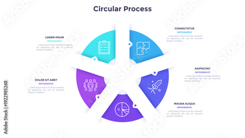 Round pie chart divided into 5 colorful parts with arrows or pointers. Five features of startup project. Minimal infographic design template. Modern vector illustration for website menu interface.