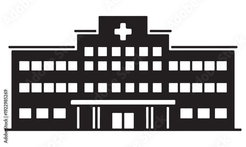 Modern hospital building illustration with cross symbol on roof isolated transparent background