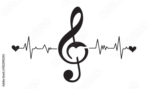 Music note surrounded by heartbeat line and love hearts isolated design graphic