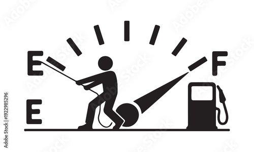 Person pushing energy efficiency scale towards electric vehicle and away from gasoline fuel pump