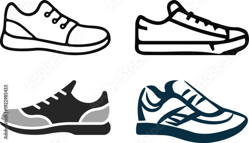 Sneakers icon. Running shoes icon Flat Vector Silhouette Shoes or Sneakers Icon Set Isolated. Footwear Icons Black and white sneakers minimalist style icon set. Vector Black and white line art vector