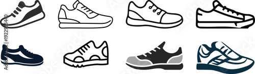 Sneakers icon. Running shoes icon Flat Vector Silhouette Shoes or Sneakers Icon Set Isolated. Footwear Icons Black and white sneakers minimalist style icon set. Vector Black and white line art vector