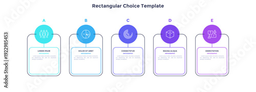 Infographic elements of circular choice template with 5 options, steps or processes. Program steps placed in horizontal row. Modern flat vector illustration for visual presentation